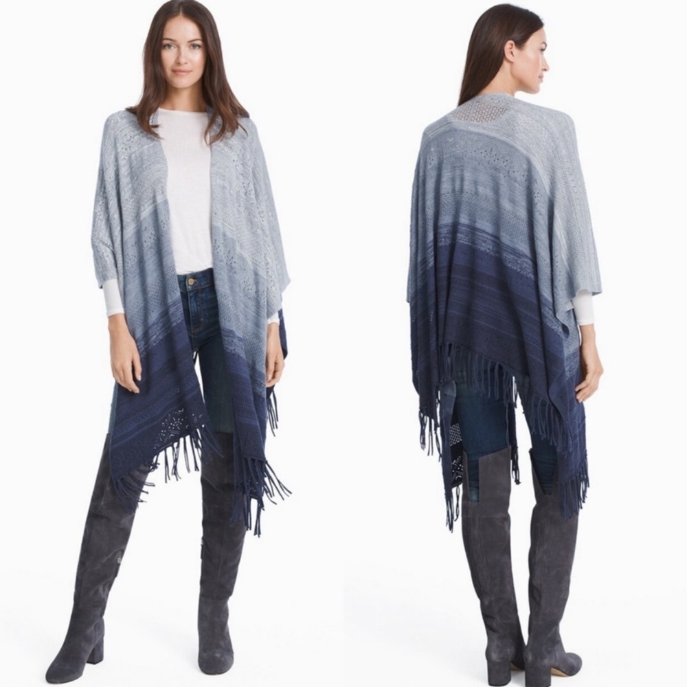WHBM Ruana Shawl Fringe Open Wrap Sweater Poncho XS/S Blue Gradient